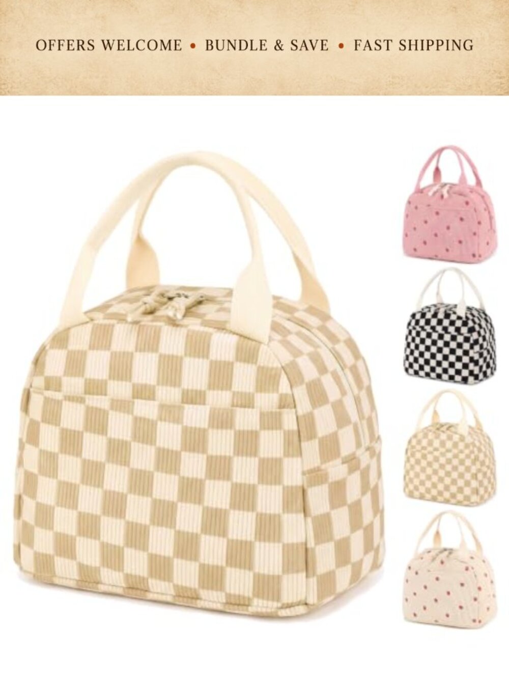 Insulated Corduroy Lunch Bag Tote with Front Pocket for Work